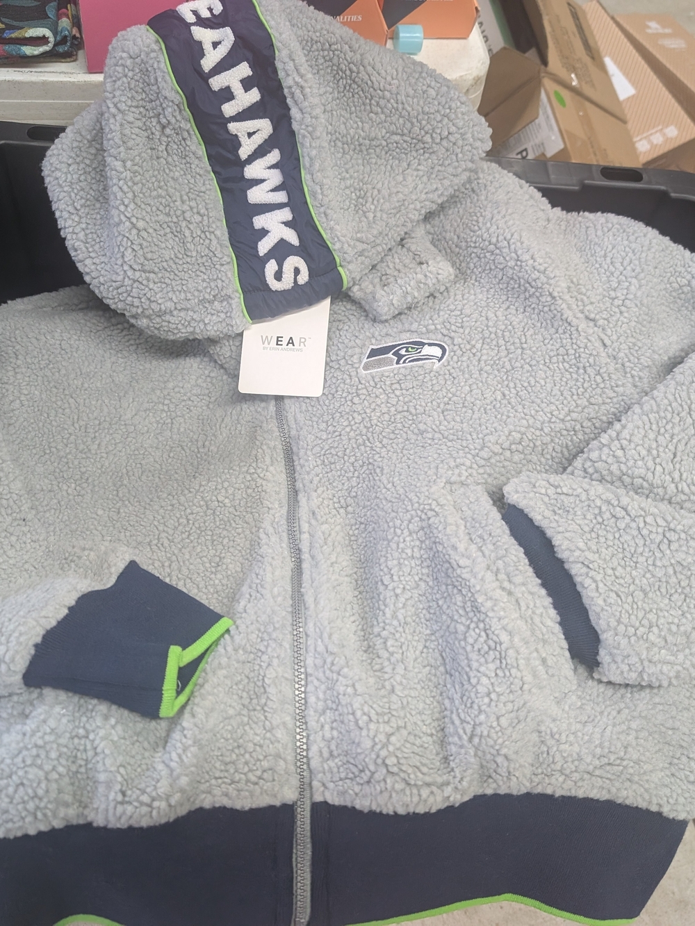 Seattle Seahawks Plush Sherpa Hoodie - Gray with Navy & Lime Trim